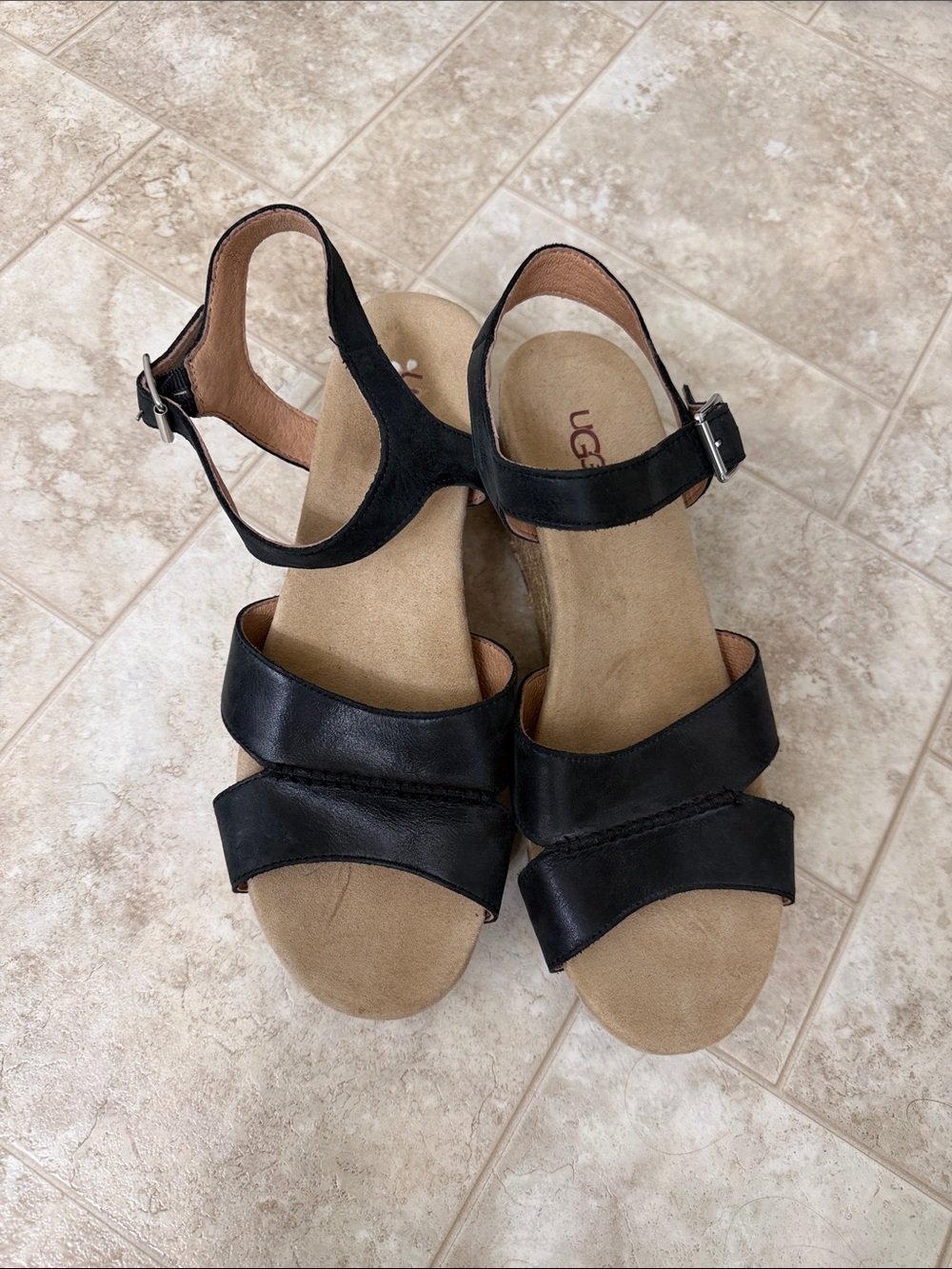 UGG Black Leather Open-Toe Ankle Strap Sandals